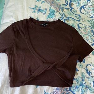 PLT Chocolate Structured Rib Tie Detail Crop Tee